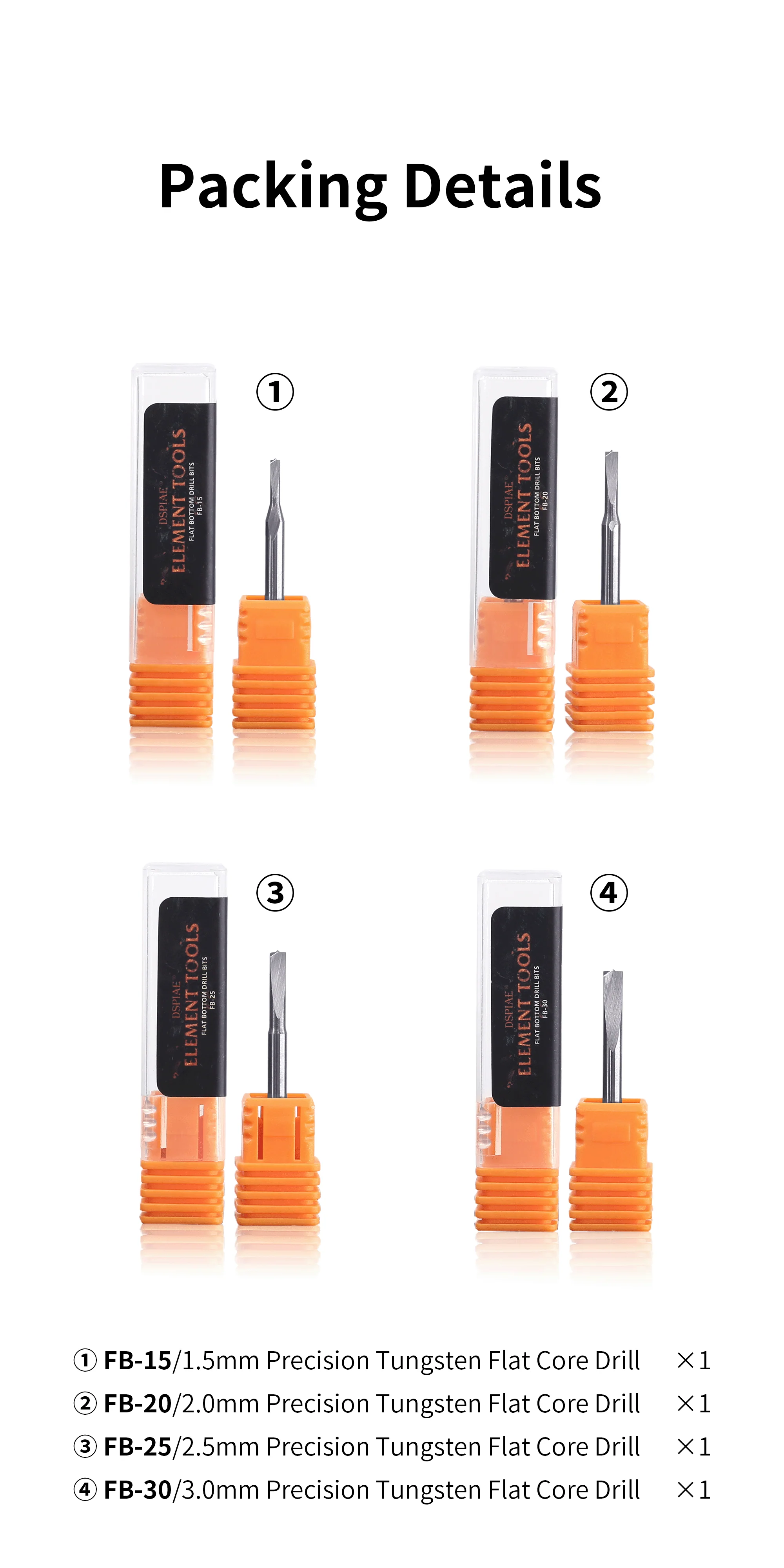DSPIAE FB Precision Tungsten Steel Flat Core Drill Bits (1.5-3.0MM)